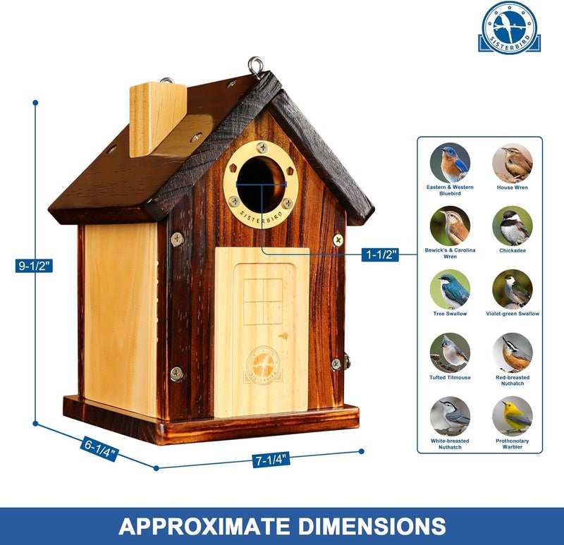 SISTERBIRD Bluebird Houses for Outside, Premium Bird Houses for Outside, Wooden Cabin Birdhouses for Outdoors, Weatherproof Courtyard Decorated Hanging Bird House, Nesting Bird House - Image 3